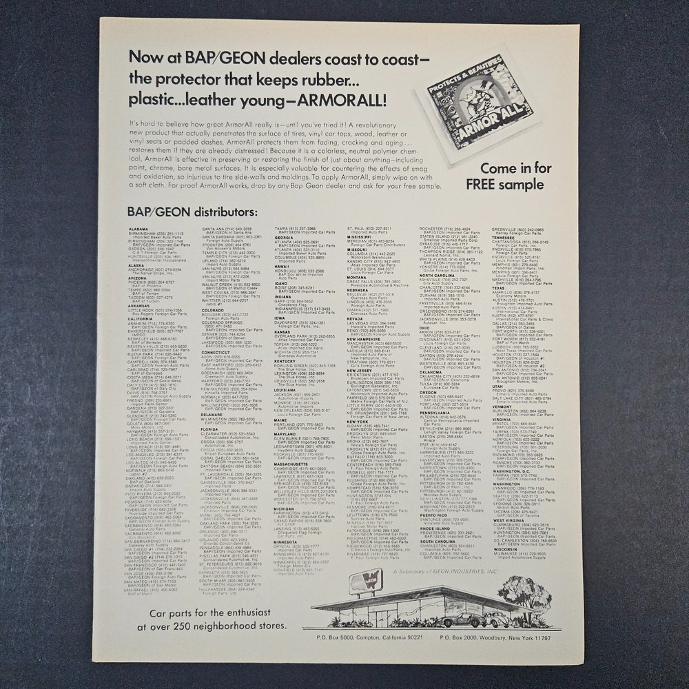 1974 Geon Industries BAP Armorall Vintage Print Ad Distributors Woodbury NY